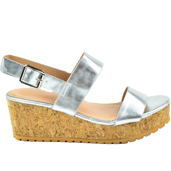 Chase & Chloe Shoes - Women's Silver Slingback Low Wedge Sandal Chase & Chloe Shoes - Women's Silver Slingback Low Wedge Sandal